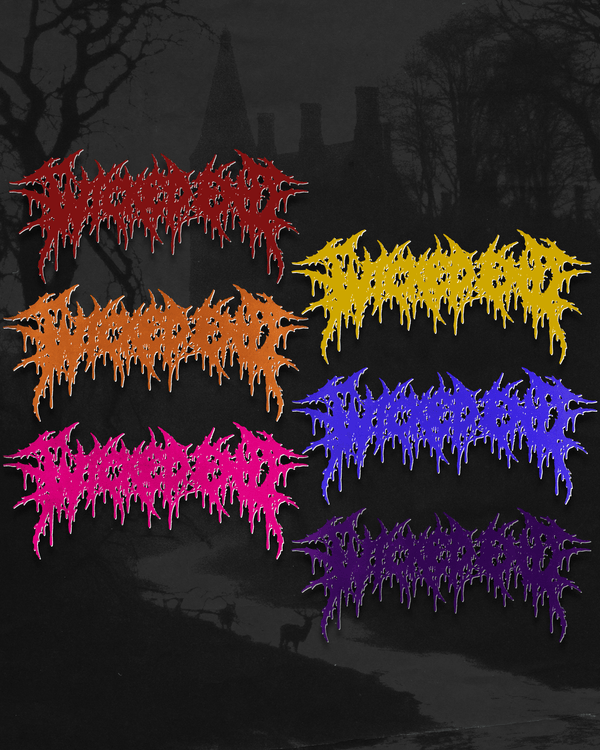 Wicked End drop logo die-cut stickers, all six colors